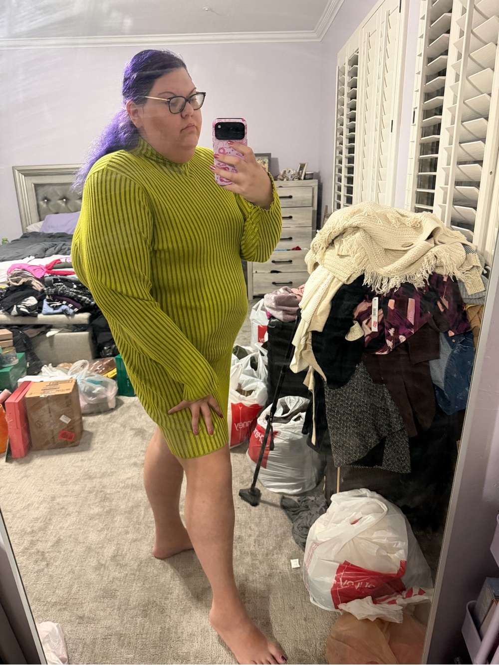 Ashley Graham Chartreuse Ribbed Long-Sleeve Mini Dress - Picture 6 of 7
